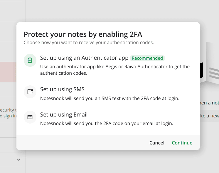 2FA methods in Notesnook