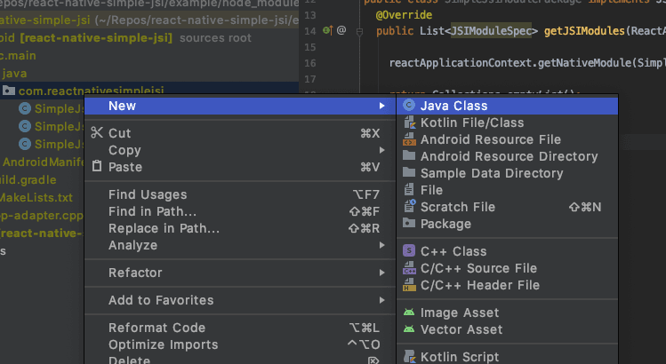 Creating a new java class SimpleJsiModulePackage.java