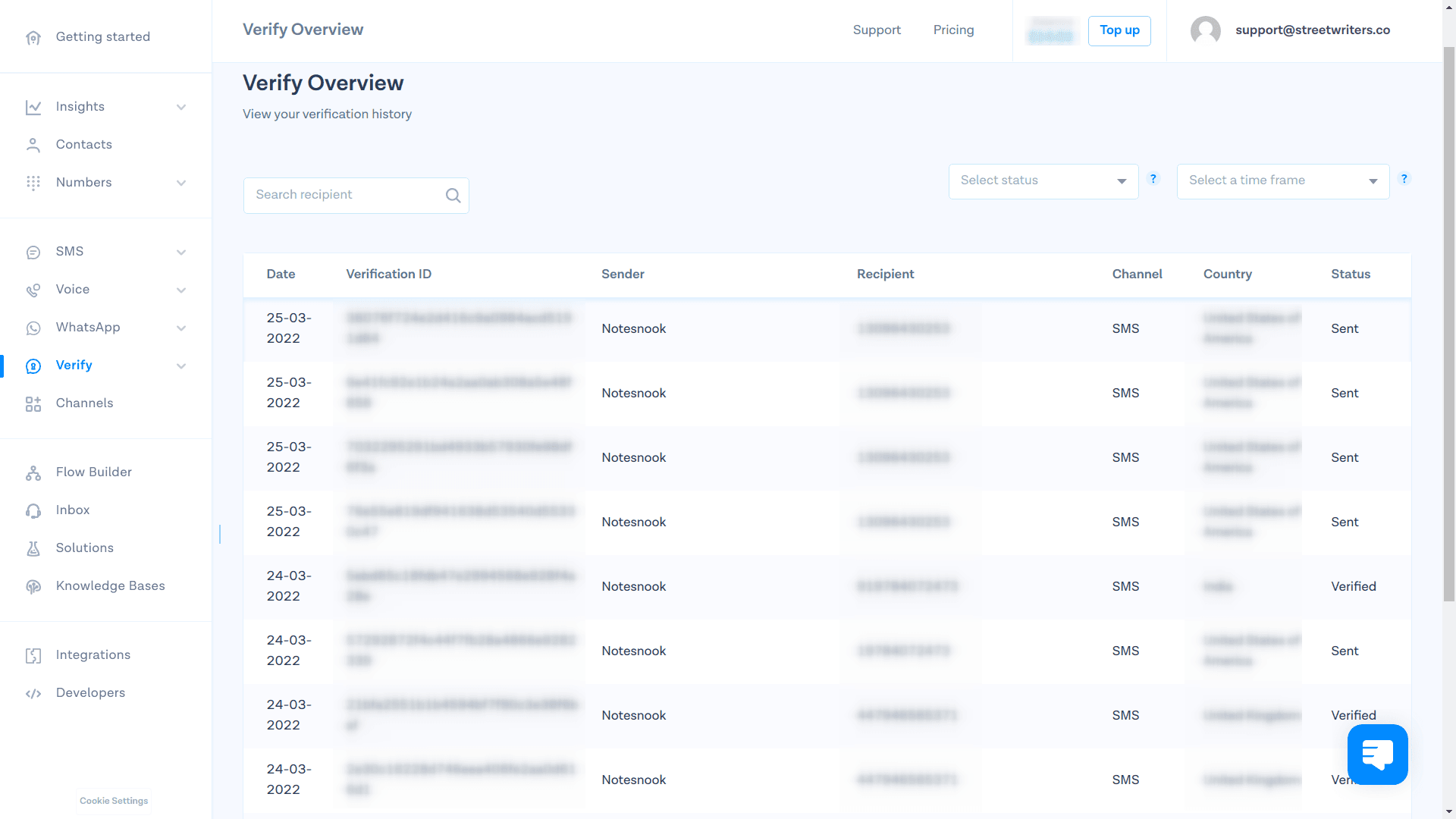 MessageBird dashboard